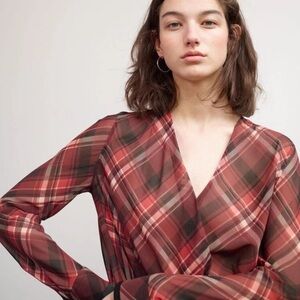 Rag & Bone Women's Victor Plaid V-neck‎ Blouse Silk Blend Red Black Small